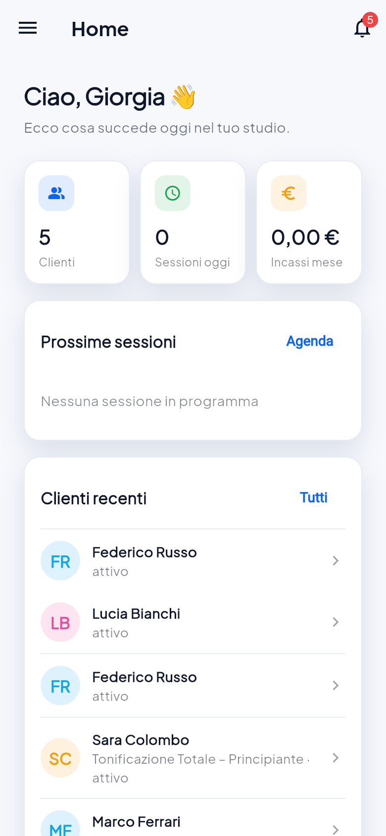 Dashboard del personal trainer con panoramica clienti, aderenza e prossimi appuntamenti