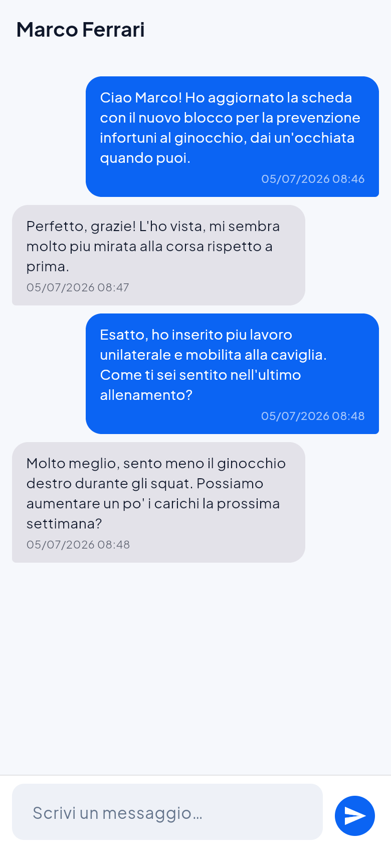 Chat integrata tra personal trainer e cliente all'interno dell'app