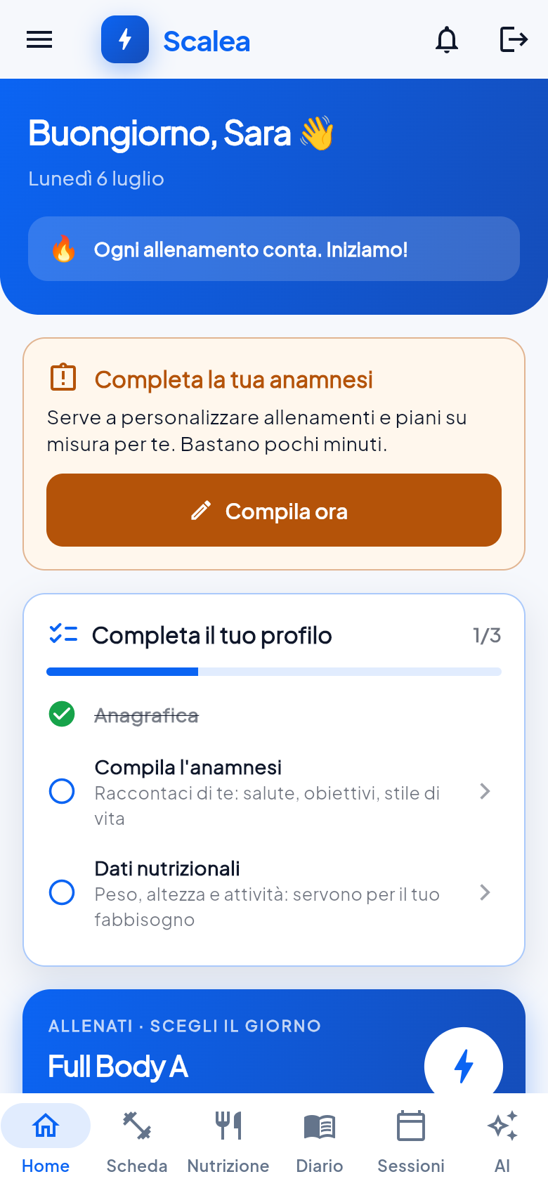 Area cliente con app brandizzata, schede e progressi personali